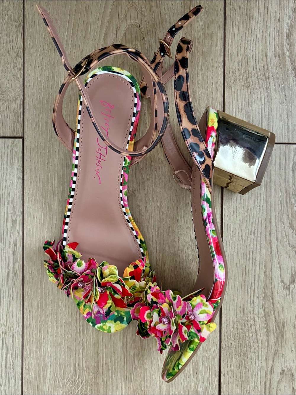 Betsey Johnson Floral Appliqué Ankle-Strap Sandals in Pink, Green, Yellow, Gold - Picture 1 of 4